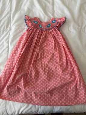 Girls Pink Polka Dot Formal Dress with Smocked Neckline